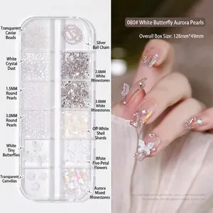 Detailed nail art set with 12 grids of butterfly, pearls, rhinestones and shell pieces