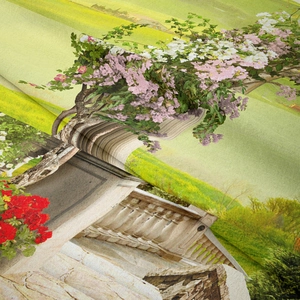 Nahaufnahme des Blumentapisserie-Stoffs mit weicher Textur und gewebten Details