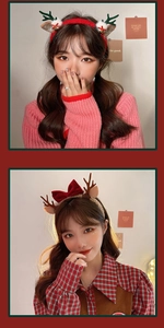 Detail of plush Christmas reindeer antler headbands with festive bows and pom-poms on a model