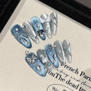 Handmade Press On Nails Grey Blue Cat Eye With 3D Swan Angel Wings Rhinestones Artificial Pearls Metal Chains Long Oval Elegant