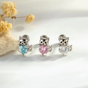Cute Cat Heart Zircon Ear Cartilage Stud Earring With Titanium Steel Pin Screw Back For Women Girly Piercing Jewelry