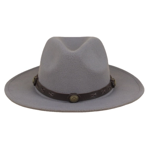 Grey wool fedora hat featuring a brown leather band with vintage metal concho accents