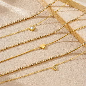 Layered Stainless Steel Necklace Gold Plated Heart Round Pendant Rhinestone Tennis Chain For Women