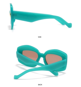 Detailed side and back views of irregular polygon sunglasses in tiffany green frame