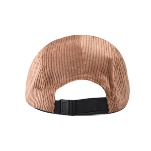 Brown corduroy 5-panel baseball cap with adjustable black back strap and buckle