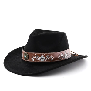 Bohemian suede western cowboy hat in black with embroidered leather band and turquoise stud