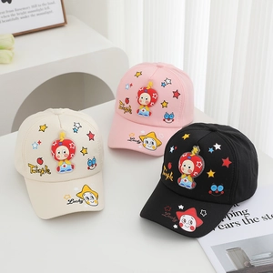 Kids cartoon baseball caps in cream pink and black with twinkle star embroidery