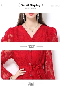 Dettaglio vestito in pizzo rosso con ricamo di rose, scollo a V e bottoni decorativi