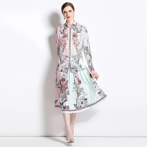 Elegant long sleeve floral print shirt and midi skirt two-piece outfit set for women