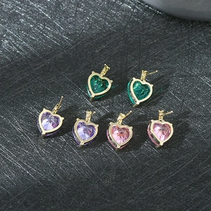 Elegant heart-shaped gemstone earrings in green, purple, and pink with gold finish