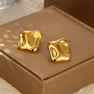 Irregular Square Stud Earrings 18K Gold Plated Stainless Steel Hammered Molten Metal Texture Retro Jewelry For Women
