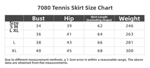 Size guide for cooling backless tennis dress with detailed measurements for S to XL