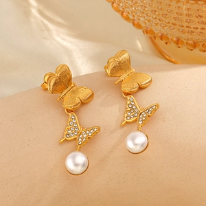 Elegant 18K gold plated butterfly earrings with sparkling cubic zirconia and white pearls