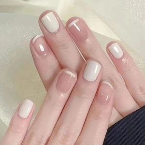 Glossy French Press On Nails Nude Pink Cream White Short Square Round Artificial Fake Nails For Women Manicure