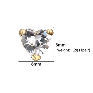 Detailed view of 6mm heart-shaped zircon stud earrings in gold with size dimensions