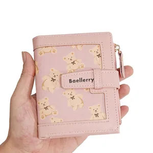 Pink PU leather folding wallet with cute brown bear prints and secure zipper pocket