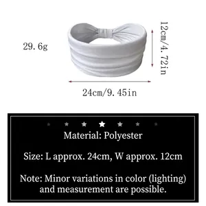 White elastic yoga headband in polyester fabric with dimensions and weight specs
