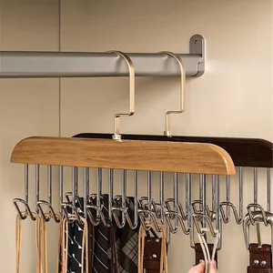 Solid wood tie and belt organizer with golden metal hooks for multifunctional storage