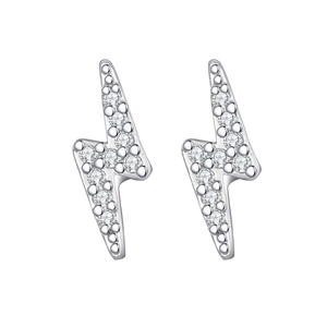 Sparkling lightning bolt stud earrings with cubic zirconia in silver-tone finish