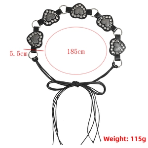 Retro black leather heart belt detail with metal studs and engraved buckles 185cm