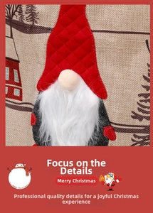 Detail of Christmas gnome table runner with 3D applique and plush beard on linen fabric