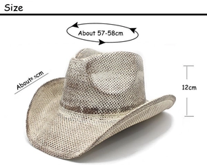 Detailed size specifications for the vintage woven straw cowboy hat with dimensions