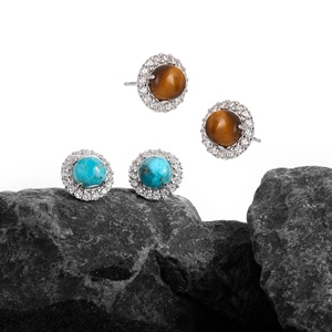 Luxury S925 sterling silver stud earrings with turquoise and tiger eye stone inities