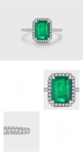 Macro detail of emerald-cut green zircon ring in 925 silver with prong setting