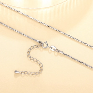 Detailed macro view of silver snake chain necklace with spring clasp and extension tail