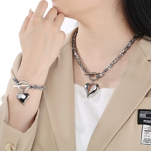 Polished titanium steel Byzantine chain set with large heart pendant and OT toggle clasp