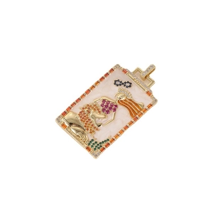 Gold tarot card pendant with inlaid colorful gemstones and mother-of-pearl base