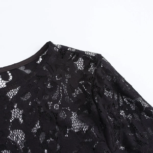 Elegant black floral lace long sleeve dress featuring a round neckline and slim fit silhouette