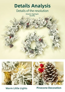 Detail view of flocked Christmas garland and wreath with pine cones, berries and LED lights