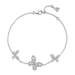 Sparkling S925 sterling silver butterfly bracelet with clear cubic zirconia on white background