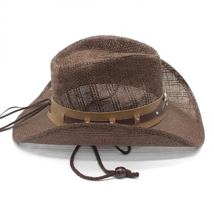 Classic brown woven cowboy straw hat with studded leather band and adjustable chin strap