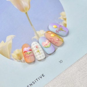 5pcs embossed tulip nail stickers in macaron purple and orange with checkered patterns