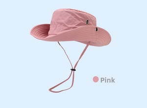 Close-up of pink quick-dry sun hat with adjustable drawstring and metal vent eyelets