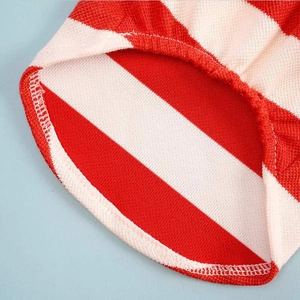Close-up of red and white striped cotton knit dog shirt with detailed hem and texture