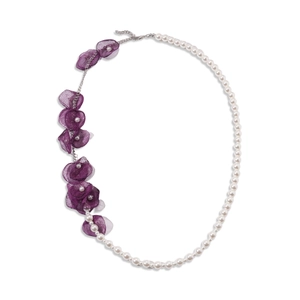 Elegant asymmetrical faux pearl and purple chiffon flower sweater necklace for women