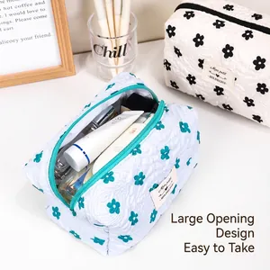 Floral quilted cosmetic bag with large opening design for easy high capacity storage