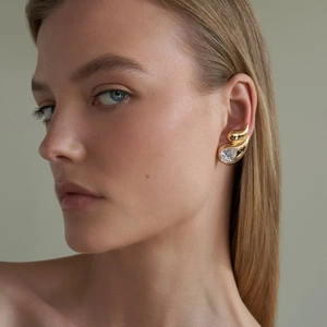 18k gold plated stainless steel double layer teardrop crystal earrings worn by model