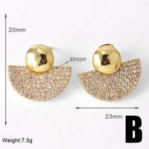 Detail view of gold fan-shaped stud earrings with zircon inlay and product dimensions
