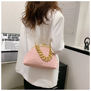 Détail du sac plissé rose avec poignée chaîne dorée et fermoir métallique rigide