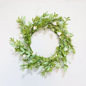 Artificial green leaf wreath with white berry accents for home door decoration