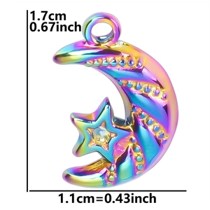 Rainbow-plated moon and star pendant with gemstone detail and size measurements