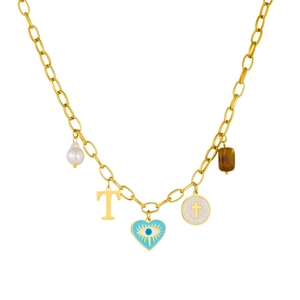Collier chaîne dorée avec perle, cœur œil bleu, lettre T et pendentif croix