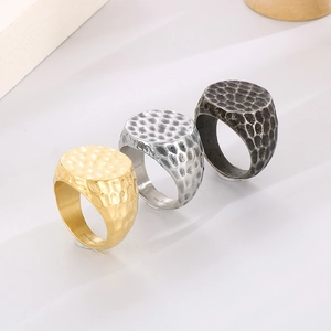 Men's polished stainless steel wide band rings with hammered texture in gold, silver and black