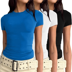 Dreierpack Damen Slim Fit T-Shirts mit Rundhalsausschnitt in Schwarz, Weiß und Blau