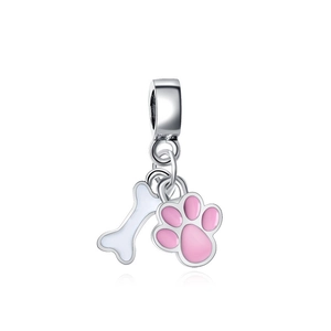 Silver bracelet charm featuring a pink enamel paw print and a white enamel bone pendant
