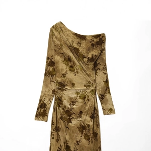 Elegant olive green velvet off-shoulder dress with vintage floral patterns and long sleeves